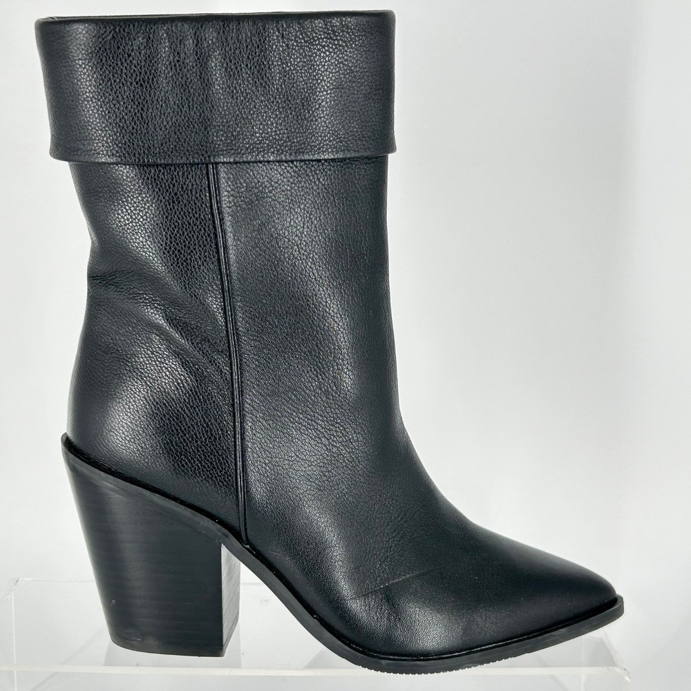 LISA VICKY Size 8 Black Leather Pointed Toe Foldover Mid Calf Boots NEW Mae $129
